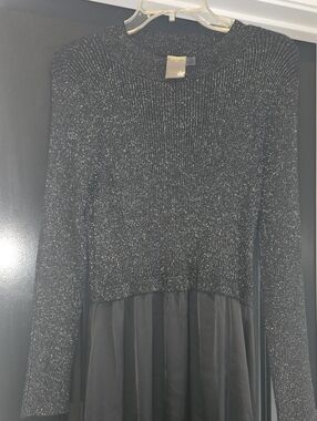 Taylor Black Metallic Knit Bodice Long Sleeve Dress